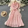 Vestido Coreano de Manga Corta Línea A para Mujer para Viajar, Estilo Ligero Maduro de Verano, Rosa, Ceñido a la Cintura, Adelgazante, Elegante, Único Vestido Largo