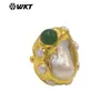 Mpr145 Novo Clássico Natural Grande Pérola Barroca Jade Verde Incrustado Anel de Latão Aberto Joia Neutra