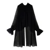 Aliexpress Viu Site Independente Estilo Europeu e Americano Moda Feminina Elegante Irregular Manga Longa Longo Chiffon Top