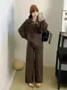 Traje de Punto Vintage para Mujer Otoño e Invierno Nuevo Top Relajado con Solapas Pantalones de Pierna Ancha Pantalones de Punto Moda Casual Conjunto de Dos Piezas