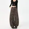 Chegada Nova Primavera 2026 Calça Jeans Feminina Retrô Americana Estampa de Leopardo Perna Curva Hot Girl Cintura Alta Solta Desgastada Baggy Comprimento Total