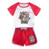 Conjunto de verão 2023 para meninos e meninas, novo estilo, estilo western infantil, cores vibrantes de verão, manga curta, shorts, conjunto de duas peças, entrega de peça única