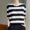 Camiseta de Verano de Algodón a Rayas Blancas y Negras de Manga Corta para Mujer, Manga Media, Verano Calado Holgada Estilo Coreano Delgada Combinable