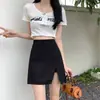 Falda negra de línea A con abertura para mujer, nueva falda de traje de verano de cintura alta adelgazante, falda corta para figuras petite, falda asimétrica