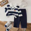 2026 Nuevo Otoño Transfronterizo Conjunto de Polo Rayado Casual Liso para Niños Pantalón Largo Conjunto de Dos Piezas para Bebé