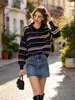 Suéter de Punto a Rayas Retro con Solapa para Mujer, Suéter Holgado de Bloques de Color con Cuello Polo, Fuente Mayorista para Transmisiones en Vivo de Ropa de Otoño e Invierno para Mujer