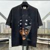 Camiseta de manga corta holgada con estampado de retrato de CARA GRANDE de estilo americano vintage para parejas mayores con lavado de gran éxito.