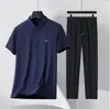 Traje de Seda de Hielo Sin Costuras para Hombres de Mediana Edad y Mayores Camisa Polo Casual de Negocios de Manga Corta para Hombres y Papá Traje de Pantalón Casual de Seda de Hielo Lote
