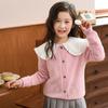Foco em Cardigan de tricô oco de lã pura para crianças estilo coreano casaco de manga comprida para meninas suéter de gola redonda para bebê moda