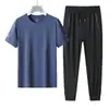Traje de Verano para Hombre de Seda de Hielo Transpirable Deportivo Casual Cuello Redondo Pantalón Largo Traje de Secado Rápido Traje de Manga Corta de Seda de Hielo para Hombre