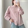 Camisa de Manga Larga con Cuello de Oreja para Mujer, Exportación Francesa, Sarga Artística, Algodón Lavado, Top Básico