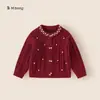 Huzhou Zhili Roupa Infantil Cardigan para Meninas Laço de Pérola Tricô para Crianças Pequenas Casaco de Lã Infantil Vermelho