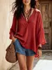 2026 Verão Feminino Estilo Resort Europeu e Americano Transfronteiriço Francês Solto Decote V Manga Três Quartos Cor Sólida Top Fábrica de Origem