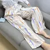 Calça de Pijama de Seda de Algodão para Mulheres, Estilo Fino para Primavera e Verão, Tamanho Grande, Caimento Solto, Calça de Perna Larga de Algodão Artificial, Pode Ser Usada Fora de Casa, Versátil, Cintura Alta, Leve