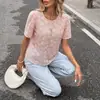 Tiktok2026 Nuevo Estilo de Verano Estilo Francés Gentil Blusa Cuello Redondo Jacquard Floral Rosa Manga Abullonada para Mujer