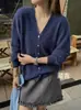 Cárdigan de estilo coreano, corte relajado, mezcla de cachemira y lana, de manga larga, base de color liso, top versátil para mujer