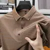 Camisa Polo Listrada de Seda de Gelo de Manga Curta Mais Vendida no Verão para Homens, Camiseta Casual Respirável Fina de Meia-Manga para Meia-Idade