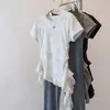 Camiseta de Manga Corta con Volantes, Patchwork y Tie-Dye para Mujer, Moda Verano 2026, Tallas Grandes, Elegante, Corte Ajustado, Top Irregular, Moderno