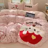 Ins Conjunto de cuatro piezas con bordado de oso lindo estilo coreano, algodón lavado, funda nórdica y juego de sábanas simples, adecuado para dormitorios, conjunto de tres piezas