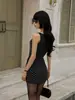 Vestido elegante sem mangas, corte justo, cintura plissada de bolinhas, para mulheres baixinhas
