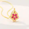 Pingente Popular Estilo Palácio Flor de Cinco Pétalas do Xiaohongshu, Colar Flor Trevo de Cinco Folhas, Corrente para Clavícula Peônia Vermelha Estilo Chinês