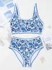 Traje de bikini cruzado europeo y americano para mujer 2025 Estampado de flores Costura de bloqueo Traje de baño de 2 piezas Cintura alta Cuello redondo bajo Nadar