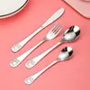 Tenedor de acero inoxidable 304 cuchillo de caricatura, juego de tenedor y cuchara cuchara de jardín de infantes regalo de comida occidental para niños caja de regalo de cuatro piezas