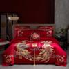 Juego de Cuatro Piezas de Boda de Algodón Puro Algodón de Fibra Larga Sábanas de Boda y Fundas de Edredón Dragón y Fénix Bordados Rojo Grande Ropa de Cama de Boda
