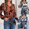 Foto Real de Otoño e Invierno 2026 Blusa Casual de Gasa con Bloques de Color, Estampado Floral y Mangas de Farol con Corbata Amazon Ropa Femenina Transfronteriza