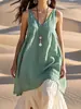 Vestido de Praia Feminino Casual de Verão Novo Europeu e Americano, Soltinho, Sem Mangas, Cor Sólida, Decote V, Algodão e Linho