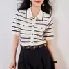 Diseño Sencillo, Polo de Jacquard Rayado Tridimensional con Bloques de Color, Top de Punto de Manga Corta para Mujer, Camiseta Básica Fresca de Verano