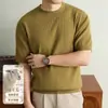 Suéter de malha de manga curta masculino yingao, gola redonda, outono e inverno, textura listrada vertical, estilo old money, caimento justo, suéter masculino cross-border