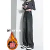 Jeans Rectos Negro Gris para Mujer Otoño e Invierno Forrados de Polar Pantalones Engrosados Populares de Este Año Explosiones Pantalones de Pierna Estrecha Ancha Hasta el Suelo