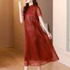 Vestido vermelho bordado pesado feminino verão 2023 novo estilo mãe elegante gola clássica vestido de comprimento médio