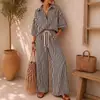 Amazon Otoño 2026 Conjunto de Dos Piezas para Mujer Europea y Americana de Nueva Moda: Camisa de Manga Larga a Rayas y Pantalones Sueltos