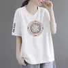 Camiseta de Manga Corta con Cuello en V para Mujer de Comercio Exterior Transfronterizo, Sencilla Talla Grande Nuevo Estilo Chino Top Holgado de Gama Alta