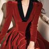 Vestido Rojo Terciopelo Estilo Francés con Diseño de Nicho, Vestido de Cumpleaños Único y Hermoso que se Puede Usar Diariamente