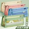Estojo de Lápis Malha Transparente Estudante Exame Bolsa de Papelaria Estojo de Lápis Infantil Dupla Camada Tridimensional Grande Capacidade Estojo de Lápis para Meninos e Meninas