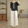 Conjunto de Dos Piezas de Verano Suelto Bordado de Manga Corta Retro de Algodón y Lino Talla Grande Adelgazante para Madres de Mediana Edad: Top y Pantalones de Pierna Ancha