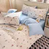 Juego de ropa de cama de cuatro piezas con estampado de cuadros minimalista estilo japonés, imitación de algodón vintage, funda de edredón a cuadros florales frescos, apto para todas las estaciones