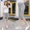 Em estoque calças cropped para grávidas com design de ícone de gatinho, calças finas de verão para grávidas com cintura alta e suporte para a barriga, calças básicas estilo coreano