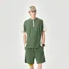 Conjunto de Verão Casual Estilo Americano com Meio Zíper, Manga Curta e Shorts, Cor Sólida, Soltinho, Moda Versátil e Tendência
