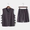 Traje Tang Masculino Colete Traje Algodão Linho Colete Fino Sem Mangas Conjunto de Duas Peças Estilo Chinês Colete com Botão Cardigan