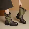 Botas femininas de tornozelo com bico redondo e patchwork, nova coleção outono/inverno 2024, com fivelas laterais, saltos grossos, altura até a panturrilha e um estilo workwear retrô, perfeitas para uso casual