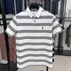 Camiseta Casual de Verano para Hombre, Manga Corta, Rayas Simples, Cuello Campana, Imitación de Algodón, Ropa para Hombre con Logo de Pony Bordado en el Pecho