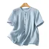 Foto Real da Nova Coleção de Verão 2026, Blusa Versátil de Manga Curta em Linho para Mulheres, Modelagem Solta Tamanho Plus Size Estilo Mãe