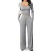 Conjunto de calça casual outono novo Amazon transfronteiriço com top curto de manga longa e gola quadrada, roupa esportiva feminina europeia e americana