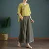 Camiseta de Algodón Lino Étnica con Bordado Floral Retro Artístico, Cuello Redondo, Manga Corta, Nueva de Verano, Talla Grande, Holgada, Versátil