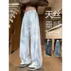 Pantalones Tie-Dye de Seda Helada de Secado Rápido para Hombre, Verano Finos Modernos Sueltos Rectos Casuales, Pantalones Largos Blancos Fluidos de Pierna Ancha