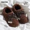 Pantuflas de Algodón con Lazo para Mujer 2026 Nuevo Estilo para Damas de Interior Suela Gruesa Antideslizante Felpa Cálida Zapatos de Algodón para Uso en Exteriores